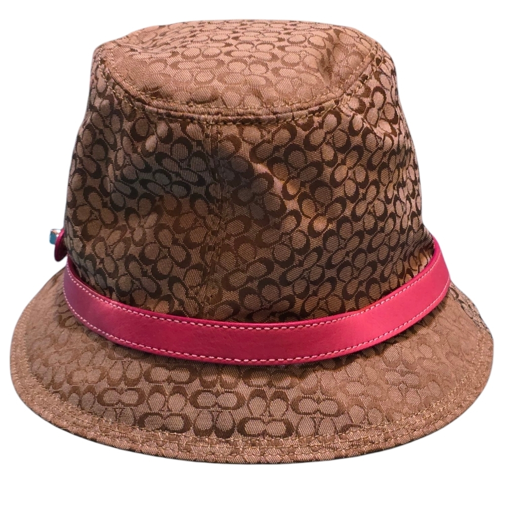 Coach Womans Signature C Bucket Hat in Khaki With Pink Leather Trim - Picture 6 of 14
